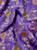Lavender Color Pure Khaddi Georgette Banarasi Silk Saree with Muted Gold Zari and Handbrush Paint | SILK MARK CERTIFIED