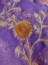 Lavender Color Pure Khaddi Georgette Banarasi Silk Saree with Muted Gold Zari and Handbrush Paint | SILK MARK CERTIFIED
