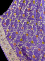 Lavender Color Pure Khaddi Georgette Banarasi Silk Saree with Muted Gold Zari and Handbrush Paint | SILK MARK CERTIFIED