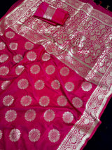 Statement Hot Pink Color Handloom Banarasi Semi Mashru Silk Saree | Light weight and Soft Saree | Chakra Butta Saree