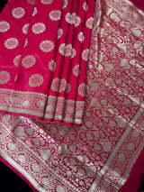 Statement Hot Pink Color Handloom Banarasi Semi Mashru Silk Saree | Light weight and Soft Saree | Chakra Butta Saree