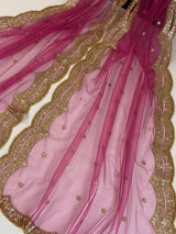 China Rose Color Net Dupatta with Gold Zari, Sequin and Beads | Lavender Wedding Dupatta | Sequin Dupattas | Indian Dupatta for Lehanga