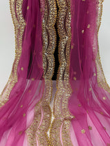 China Rose Color Net Dupatta with Gold Zari, Sequin and Beads | Lavender Wedding Dupatta | Sequin Dupattas | Indian Dupatta for Lehanga