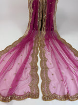 China Rose Color Net Dupatta with Gold Zari, Sequin and Beads | Lavender Wedding Dupatta | Sequin Dupattas | Indian Dupatta for Lehanga