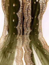 Mehandi Green Color Net Dupatta with Gold Zari, Sequin and Bead | Sequin Dupatta | Indian Dupatta for Lehanga | Weddding, Party Wear Dupatta