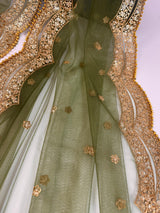 Mehandi Green Color Net Dupatta with Gold Zari, Sequin and Bead | Sequin Dupatta | Indian Dupatta for Lehanga | Weddding, Party Wear Dupatta