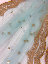 Aqua Blue Color Net Dupatta with Gold Zari, Sequin and Bead | Sequin Dupatta | Indian Dupatta for Lehanga | Weddding, Party Wear Dupatta