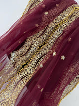 Deep Maroon Color Net Dupatta with Zari, Sequin and Beads | Sequin Dupatta | Sequin Dupattas | Indian Dupatta for Lehanga