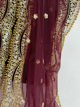 Deep Maroon Color Net Dupatta with Zari, Sequin and Beads | Sequin Dupatta | Sequin Dupattas | Indian Dupatta for Lehanga