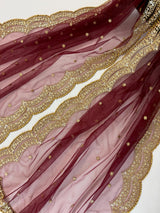 Deep Maroon Color Net Dupatta with Zari, Sequin and Beads | Sequin Dupatta | Sequin Dupattas | Indian Dupatta for Lehanga