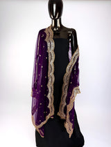 Purple Color Net Dupatta with Zari, Sequin and Beads | Purple Net Dupatta | Sequin Dupatta | Sequin Dupattas | Indian Dupatta for Lehanga