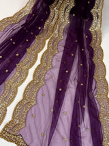 Purple Color Net Dupatta with Zari, Sequin and Beads | Purple Net Dupatta | Sequin Dupatta | Sequin Dupattas | Indian Dupatta for Lehanga