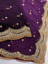 Purple Color Net Dupatta with Zari, Sequin and Beads | Purple Net Dupatta | Sequin Dupatta | Sequin Dupattas | Indian Dupatta for Lehanga