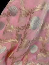 Baby Pink Color Linen Silk Saree with Banarasi Borders and Pallu and Floral Jaal Weave | Pink Linen Saree | Ships from California