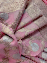 Baby Pink Color Linen Silk Saree with Banarasi Borders and Pallu and Floral Jaal Weave | Pink Linen Saree | Ships from California