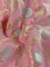 Baby Pink Color Linen Silk Saree with Banarasi Borders and Pallu and Floral Jaal Weave | Pink Linen Saree | Ships from California