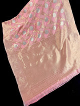 Baby Pink Color Linen Silk Saree with Banarasi Borders and Pallu and Floral Jaal Weave | Pink Linen Saree | Ships from California