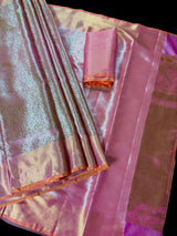 Statement Handmade Pink Color Dual shade Banarasi Brocade Pattu Tissue Silk Saree with Sliver Zari Weave | Brocade Tissue Silk Saree