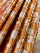 Statement Copper Color Banarasi Satin Tissue Silk Saree with Floral Jaal Weave in Muted Gold Zari | Copper Color Saree | Satin Tissue Sarees