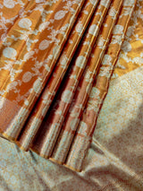 Statement Copper Color Banarasi Satin Tissue Silk Saree with Floral Jaal Weave in Muted Gold Zari | Copper Color Saree | Satin Tissue Sarees