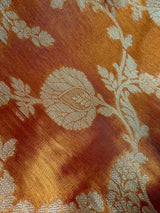 Statement Copper Color Banarasi Satin Tissue Silk Saree with Floral Jaal Weave in Muted Gold Zari | Copper Color Saree | Satin Tissue Sarees