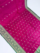 Cheery Pink Pure Katan Silk Saree with Green Color Border and Pallu | Pure Silk Sarees | SILK MARK CERTIFIED