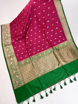 Cheery Pink Pure Katan Silk Saree with Green Color Border and Pallu | Pure Silk Sarees | SILK MARK CERTIFIED