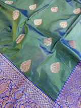 Dual Shade Pista Green Pure Katan Silk Saree with Royal Blue Color Border and Pallu | Pure Silk Sarees | SILK MARK CERTIFIED