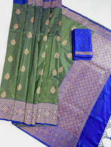 Dual Shade Pista Green Pure Katan Silk Saree with Royal Blue Color Border and Pallu | Pure Silk Sarees | SILK MARK CERTIFIED