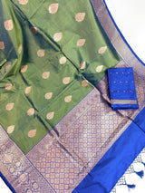 Dual Shade Pista Green Pure Katan Silk Saree with Royal Blue Color Border and Pallu | Pure Silk Sarees | SILK MARK CERTIFIED