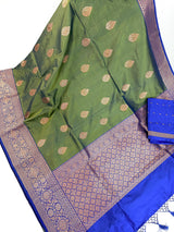 Dual Shade Pista Green Pure Katan Silk Saree with Royal Blue Color Border and Pallu | Pure Silk Sarees | SILK MARK CERTIFIED