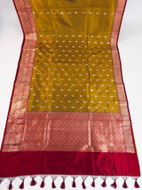 Fenugreek Color Pure Katan Silk Saree with Red Color Border and Pallu | Pure Silk Sarees | SILK MARK CERTIFIED | Vendhayam Colour Saree