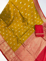 Fenugreek Color Pure Katan Silk Saree with Red Color Border and Pallu | Pure Silk Sarees | SILK MARK CERTIFIED | Vendhayam Colour Saree