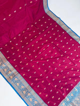 Dragonfruit and Sky Blue Color Pure Katan Silk saree — Kaash Collection