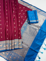 Dragonfruit and Sky Blue Color Pure Katan Silk saree — Kaash Collection