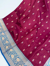 Dragonfruit and Sky Blue Color Pure Katan Silk saree — Kaash Collection
