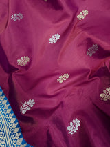 Dragonfruit and Sky Blue Color Pure Katan Silk saree — Kaash Collection
