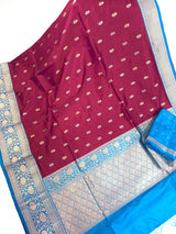 Dragonfruit and Sky Blue Color Pure Katan Silk saree — Kaash Collection
