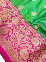 Dual Shade Parrot Green Pure Katan Silk Saree with Hot Pink Color Border and Pallu | Pure Silk Sarees | SILK MARK CERTIFIED