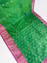 Dual Shade Parrot Green Pure Katan Silk Saree with Hot Pink Color Border and Pallu | Pure Silk Sarees | SILK MARK CERTIFIED