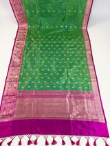 Dual Shade Parrot Green Pure Katan Silk Saree with Hot Pink Color Border and Pallu | Pure Silk Sarees | SILK MARK CERTIFIED