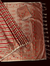 Red with Copper Base Striped Saree | Banarasi Mashru Soft Silk with Tanchoi Saree and Jamawar Pallu | Resham Zari Weaved