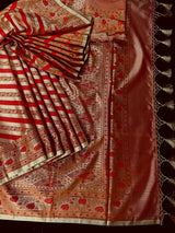 Red with Copper Base Striped Saree | Banarasi Mashru Soft Silk with Tanchoi Saree and Jamawar Pallu | Resham Zari Weaved