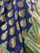 Dull Blue with Green and Pink color combination Traditional Satin Border Banarasi Handloom Soft Silk Saree | Ships from California