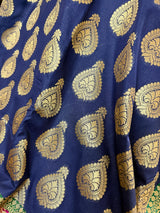 Dull Blue with Green and Pink color combination Traditional Satin Border Banarasi Handloom Soft Silk Saree | Ships from California