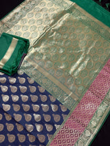Dull Blue with Green and Pink color combination Traditional Satin Border Banarasi Handloom Soft Silk Saree | Ships from California