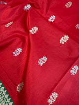 Red Color Pure Katan Silk Saree with Green Color Border and Pallu