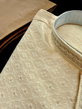 Cream Color Soft Silk Self Embeeriodery Men Kurta Pajama with Self Design material with small Zari Weave butti | Mens Ethnic Wear