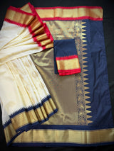 Pastel Cream Color Banarasi Silk Saree with Ganga Yamuna Border in Blue and Pink with Muted Zari Weave and Temple Border
