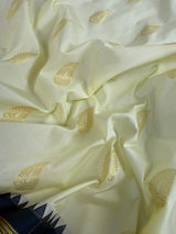 Pastel Cream Color Banarasi Silk Saree with Ganga Yamuna Border in Blue and Pink with Muted Zari Weave and Temple Border